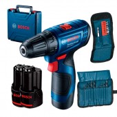 BOSCH Акумуляторний шуруповерт GSR 120-LI, 14-30Н·м, (+ чемодан +2 акб+ з. п. +набір біт/сверл), 0–400 / 0–1500 об/хв
