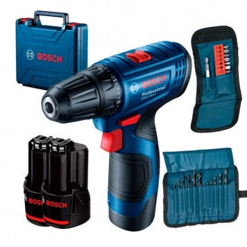 BOSCH Акумуляторний шуруповерт GSR 120-LI, 14-30Н·м, (+ чемодан +2 акб+ з. п. +набір біт/сверл), 0–400 / 0–1500 об/хв