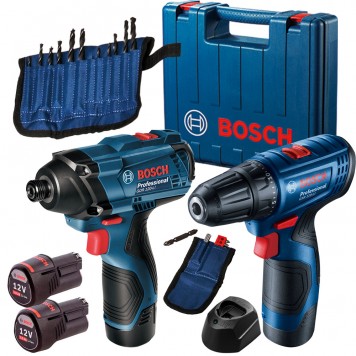 BOSCH Дрель-шуруповерт GSR 120-LI + импульсный гайковерт GDR 120-LI + 2 АК GBA 12V 2. 0Ah + ЗУ GAL 1210 CV + набор бит и сверл, чемодан