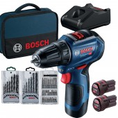 BOSCH Акумуляторний дриль-шуруповерт GSR 12V-30 18/30Н-м. (+2*акб 2. 0ah + зарядка + сумка + 7шт. сверла дер. + 7шт. сверла метал + 25шт. біти)