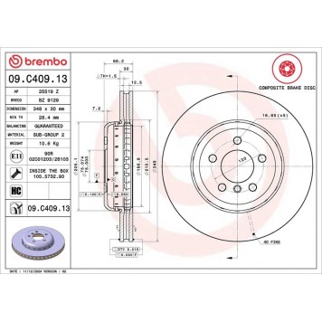 Диск тормозной передний вентилируемый Brembo 09.C409.13 BMW 5 F10