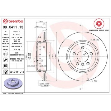 Диск тормозной задний вентилируемый Brembo 09.C411.13 BMW 5 F10